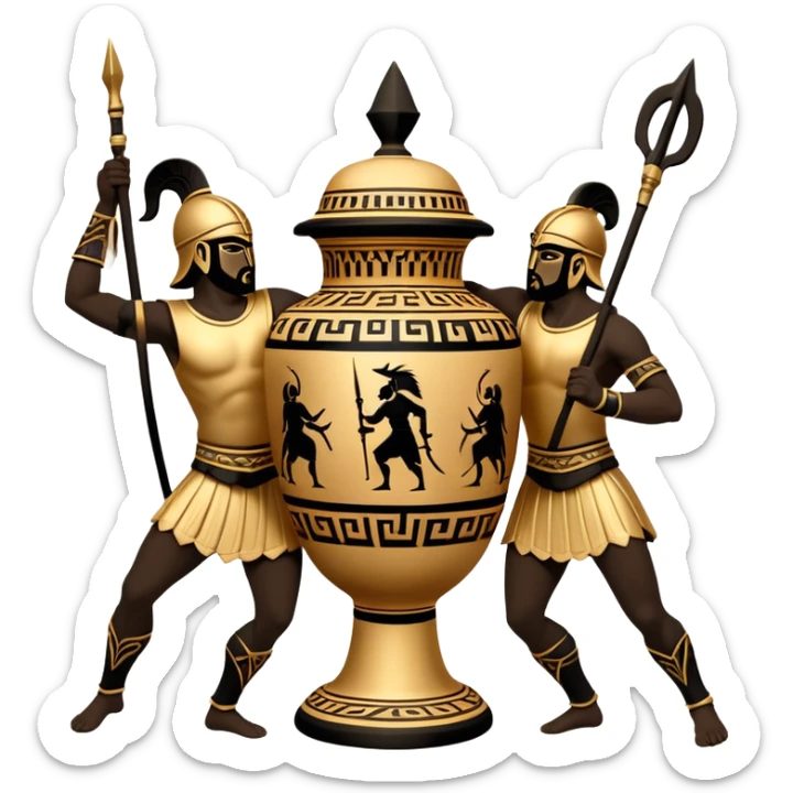 Cinematic-realistic Grecian urn, an exquisite black-figure pottery masterpiece resting in the dim glow of an ancient temple. Intricate golden depictions of two warrior fighting with spears and warriors encircle its curved form, telling timeless myths of heroism and tragedy.  sticker