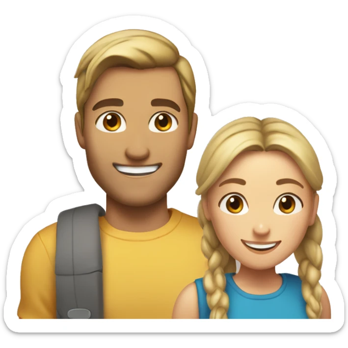 Woman and man smiling, woman has straight Brown hair in a ponytail, slightly sunkissed skin, man has blonde long hair which are in a ponytail, slightly sunkissed skin sticker