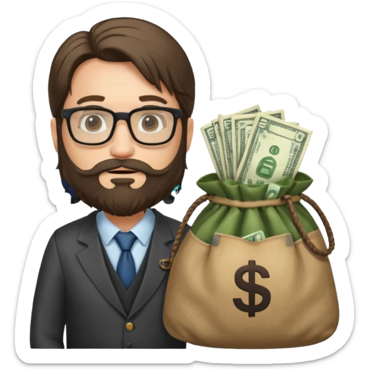 Un emprendedor (emoji con ordenador) de unos 50 años con barba y pelo largo más gafas de pasta y con un icono de ordenador y una bolsa de dinero sticker