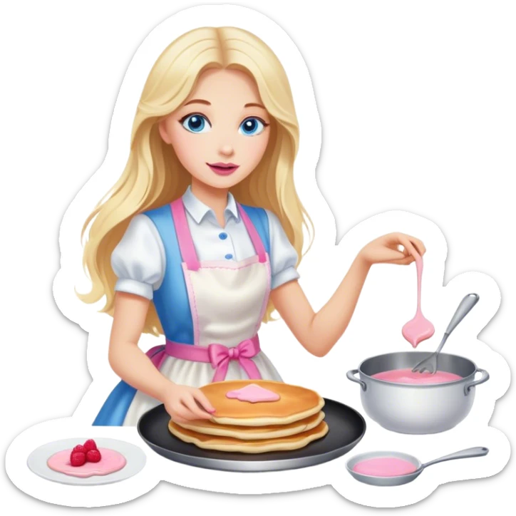 Cinematic realistic beautiful blonde with long hair, blue eyes and pink lips in a white dress cooks pancakes sticker