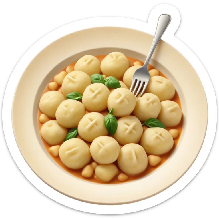 Gnocchi Cinematic Realistic Gnocchi Dish Emoji, depicted as tender potato dumplings garnished with iconic fork marks on top, rendered with soft textures and warm, inviting lighting. sticker
