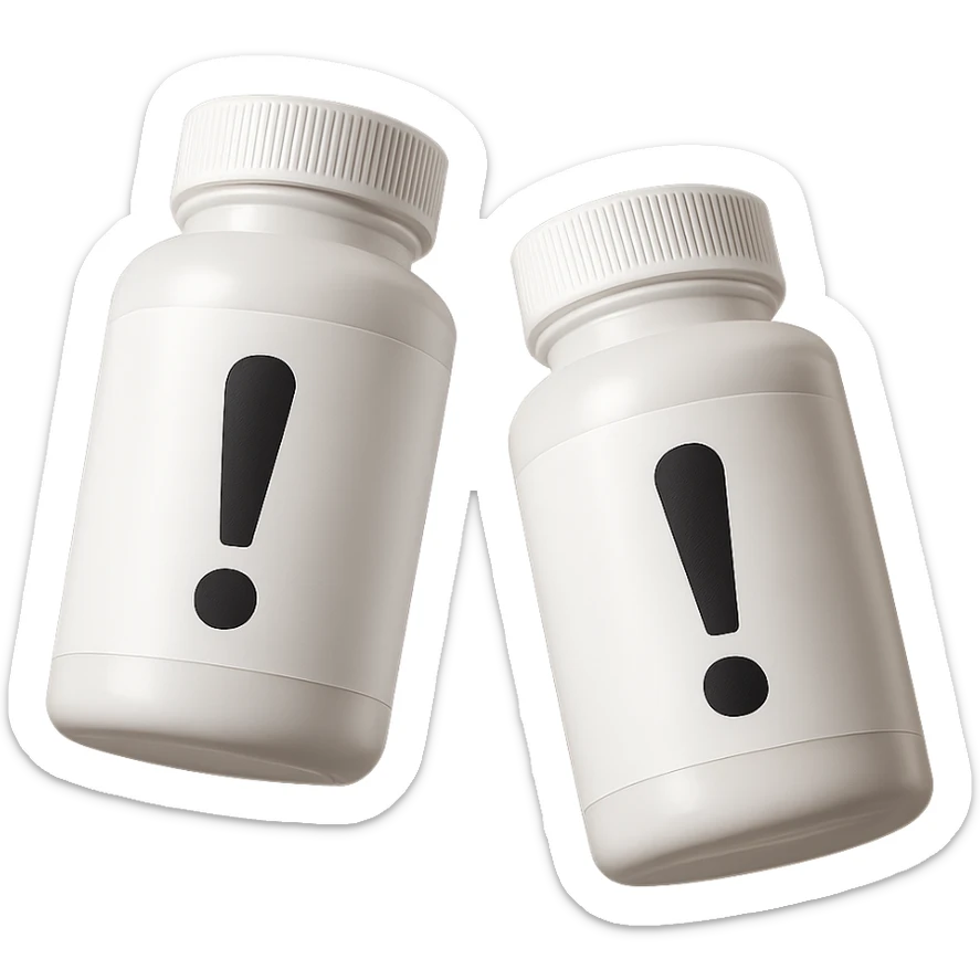 DUE BOCCETTE DI INTEGRATORI BIANCHE CON PUNTO ESCLAMATIVO NERO SULL'ETICHETTA FLUTTUANO IN ARIA, IPERREALISTICA 4K sticker