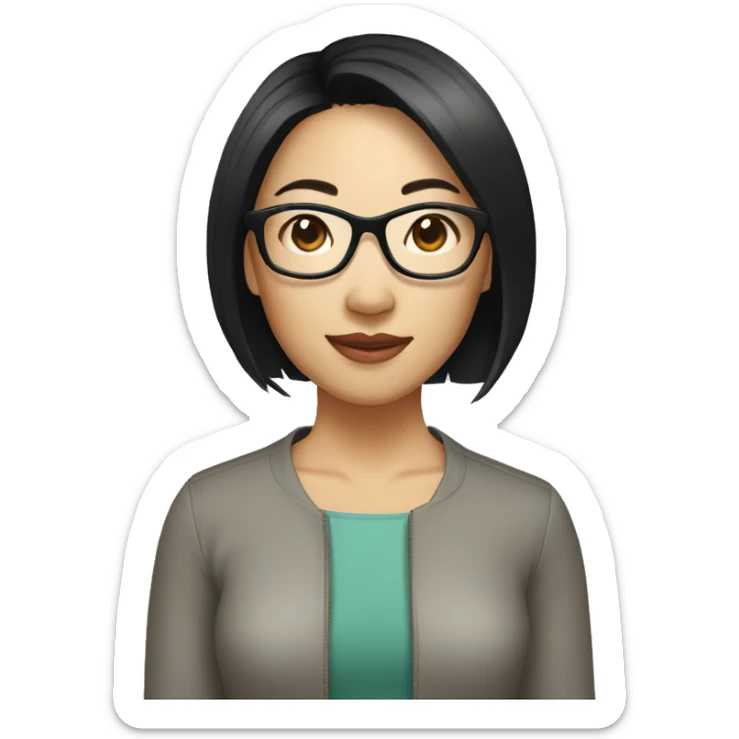An asian woman with black hair short hair wearing clear glasses  sticker