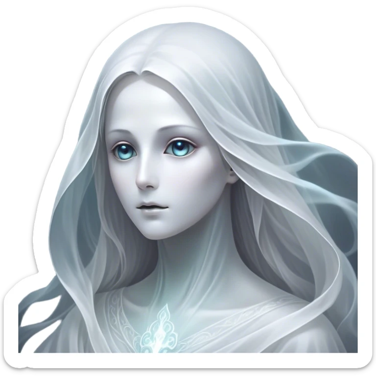 Cinematic Noble Ghost Portrait Emoji, Ethereal and dignified, with a flowing, translucent form in silvery-white hues, wispy and majestic, and a calm, otherworldly expression with deep, thoughtful eyes, simplified yet sophisticated features, highly detailed, glowing with a soft, spectral radiance, high shine, exuding regal mystery and quiet authority, with a soft glowing outline that captures the essence of a ghostly guardian drifting from another realm! sticker