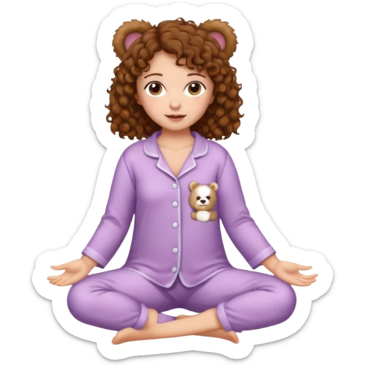 Woman with brown eyes, brown curly hair, white skin, full body in cute pijama bear sticker
