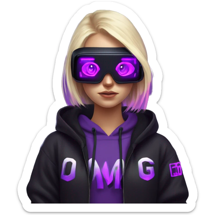 Russian cute blond girl wearing black hoody with violet letters "OMG", in vr headset. Cyberpunk style. Violet neon. sticker