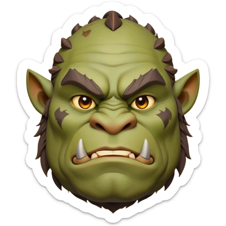 Cinematic Noble Ogre Portrait Emoji, Majestic and imposing, with a rugged, muscular form in deep earthy greens and browns, adorned with battle scars and subtle tribal markings, exuding calm, noble strength and unexpected wisdom, simplified yet strikingly detailed, glowing with a shadowy outline that captures the essence of a gentle giant with fierce heart! sticker