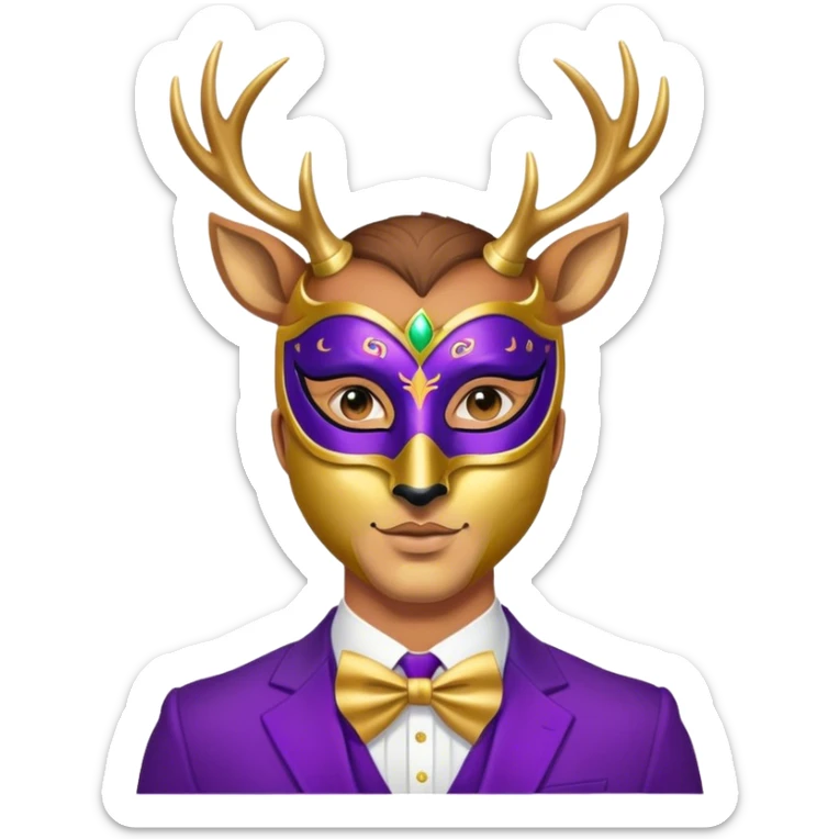 a man, with a purple suit,  wear half-face golden Deer masquerade mask sticker