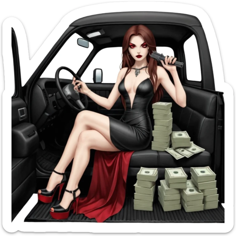 Lilith red eye seductress evil long brown haired sexy succubus woman with leather long dress with slit on, sitting in Big Large F350 pickup truck. Wearing super tall black platform high heels, Back seat full of stacks of cash, she is  Holding a human skull of her enemies and a gun in other hand sticker