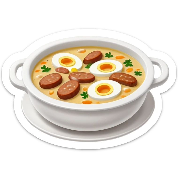cinematic-realistic zurek-soup-dish-emoji,-depicted-as-a-tangy,-creamy-rye-soup-with-sausage-and-boiled egg-rendered-with-detailed-textures-and-warm,-comforting-lighting. sticker