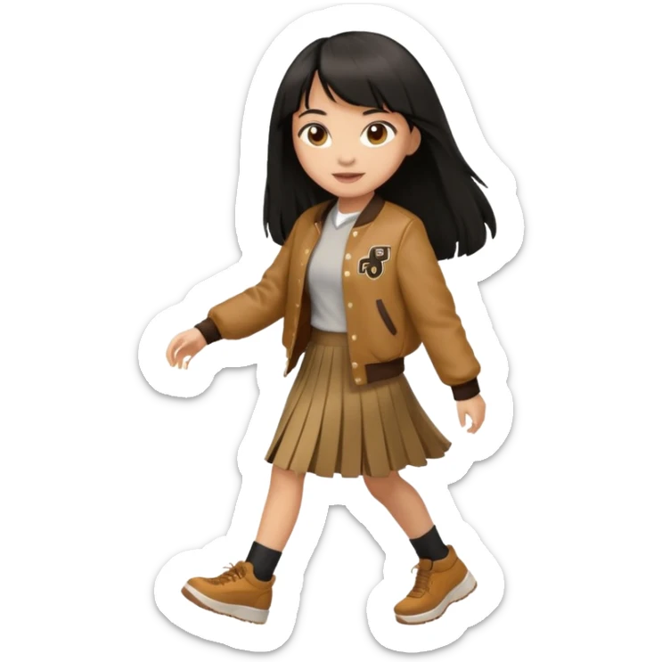 black color long hair with fringe, light skin long hair girl with brown varsity jacket and long skirt walking

 sticker