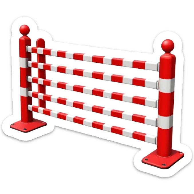 Flat emoji-style icon of a parking barrier gate (boom barrier).
Red and white striped horizontal arm, raised at a slight angle.
Simple geometric shapes, clean vector design.
No text, no background, transparent or plain background.
Bright colors, high contrast.
Centered object, minimal details. sticker