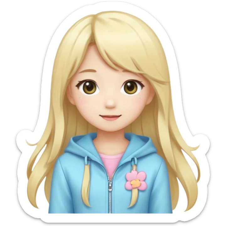 Cute kawaii emoji-style Japanese K-pop girl, blonde long hair , trendy K-pop outfit with Japanese cute fashion vibes, big sparkling eyes, chibi proportions, clean lineart, pastel colors, cheerful idol smile, sticker/emoji style, transparent background sticker