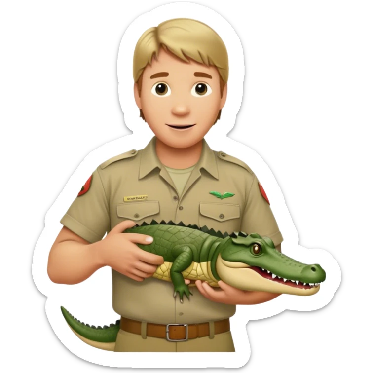 Cinematic Realistic Steve Irwin Portrait Emoji, in his signature khaki attire, holding a crocodile or giving an excited thumbs-up. The scene is lit with vibrant, natural sunlight, emphasizing his adventurous spirit and deep connection to nature. sticker
