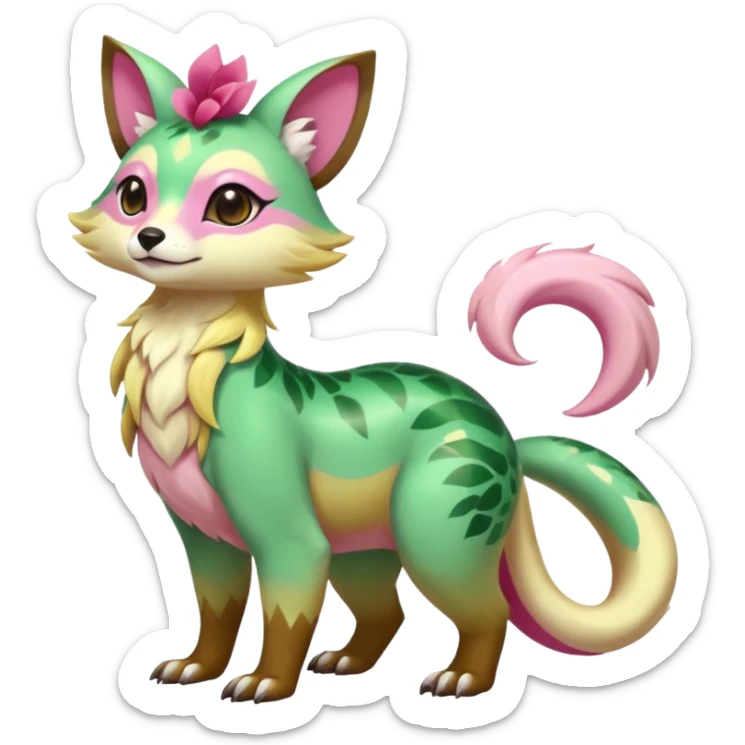 Colorful brown with rose-pink, yellow-beige-cream, jade-green tropical exotic shiny beautiful fantasy-Vernid-Cacomistle-animal-Fakémon-hybrid-fursona (full body) sticker