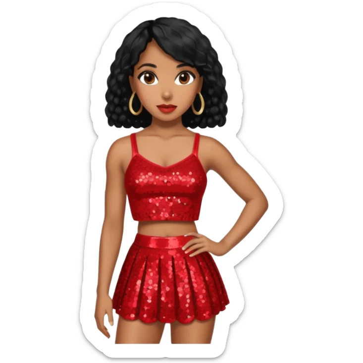 Kelly Rowland with black hair, red sequin crop top and skirt sticker