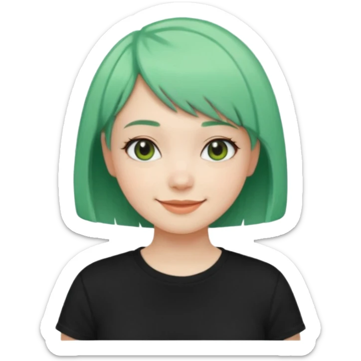 Girl with Mint Bob Cut – short green hair, cheerful smile, black t-shirt sticker