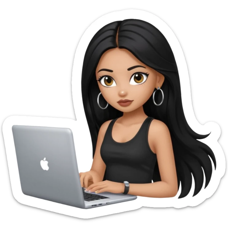 a pretty bratz dusky girl with long black hair, kajal under eyes, small silver hoop. black tank top on. laptop in hand sticker