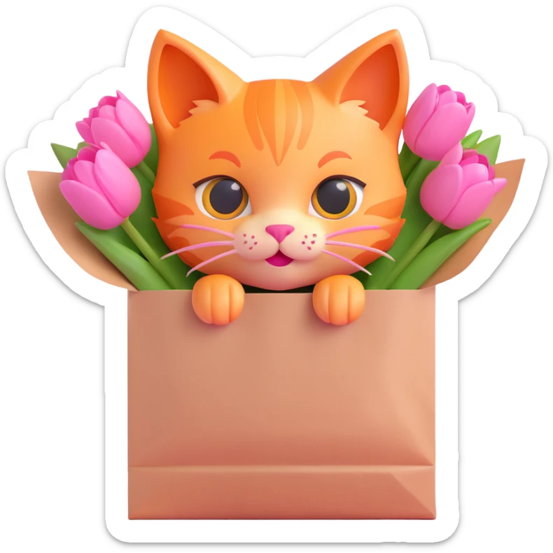 A cute orange kitten peeking out of a paper bag filled with pink tulips, in 3D iOS emoji style with soft gradients and glossy finish, no background. sticker