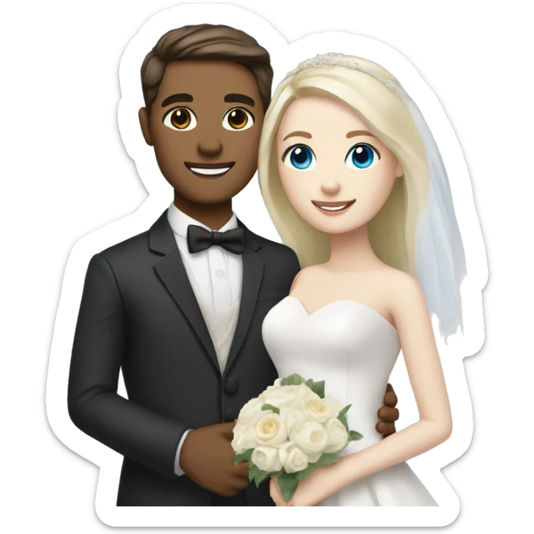 Wedding couple, groom white skin with dark brown hair and brown eyes, bright with white skin blonde hair and blue eyes sticker