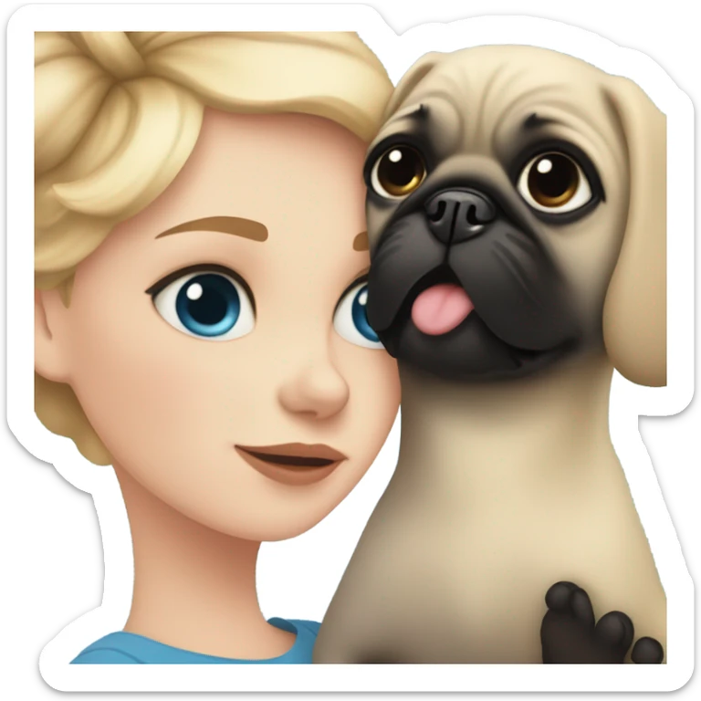 Girl with wavy blonde hair and blue eyes, kissing a black pug sticker