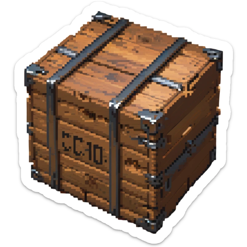 Wooden crate with metal reinforcements, color #c2410c with darker wood grain, visible wood grain texture, metal bands across the crate, slight 3D effect with shading, breakable appearance, small warning symbol, 32x32 pixels sticker