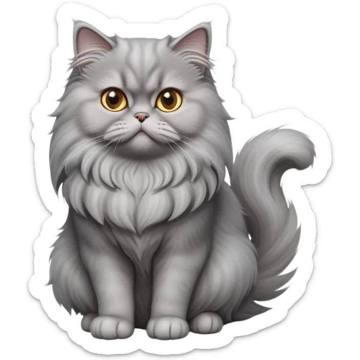 cinematic-[grey persian cat]-realistic-full-body-sitting-emoji,-tail-curled-playfully-around-its-paws,-head-tilted-dramatically,-fluffy-[grey]-fur,-simplified-yet-realistic-focused-features,-highly-detailed,-glowing-with-an-almost-sarcastic-glow sticker
