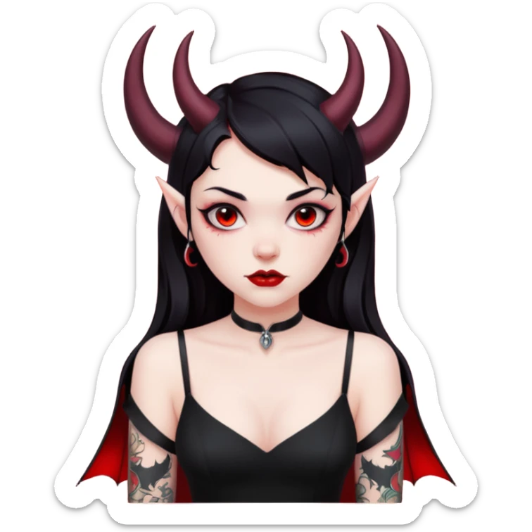 Demon girl, entire skin solid red, black hair, horns, bat wing, black dress, tattoo-flash comic. sticker