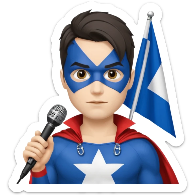Québécois rockstar w super hero style costume and face paint man w Quebec flag and microphone sticker