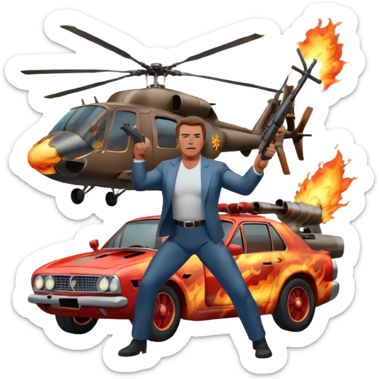 Icon for Action Movies: Arnold Schwarzenegger in the lead role, in an intense action pose with weapons, explosions, a car and helicopter flying out of flames in the background. The design should capture the explosive energy and heroism of classic action films. Transparent background. sticker