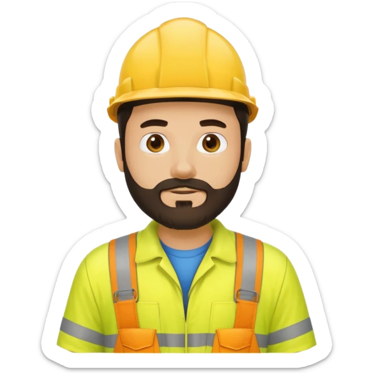 man with dark hair and beard and yellow hi vis overalls sticker