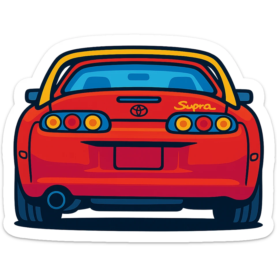 Toyota Supra MK4 rear view, vibrant toon style, distinctive taillights, spoiler sticker