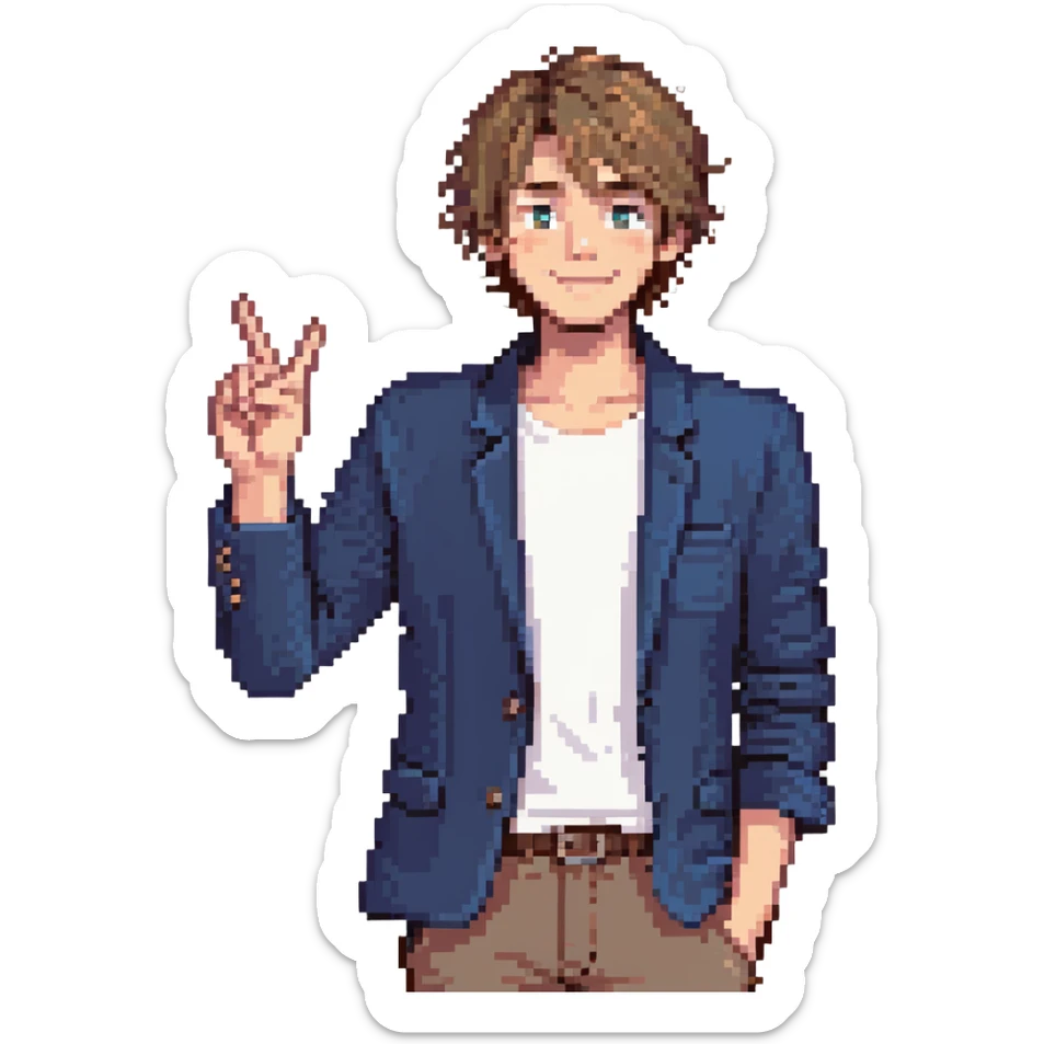Flat pixel are, lively and clever male debater, fair skin, short messy light brown hair, sharp eyes with a mischievous smile, wearing indigo blazer over a casual t-shirt, one hand raised mid-gesture, waist-up, front-facing sticker