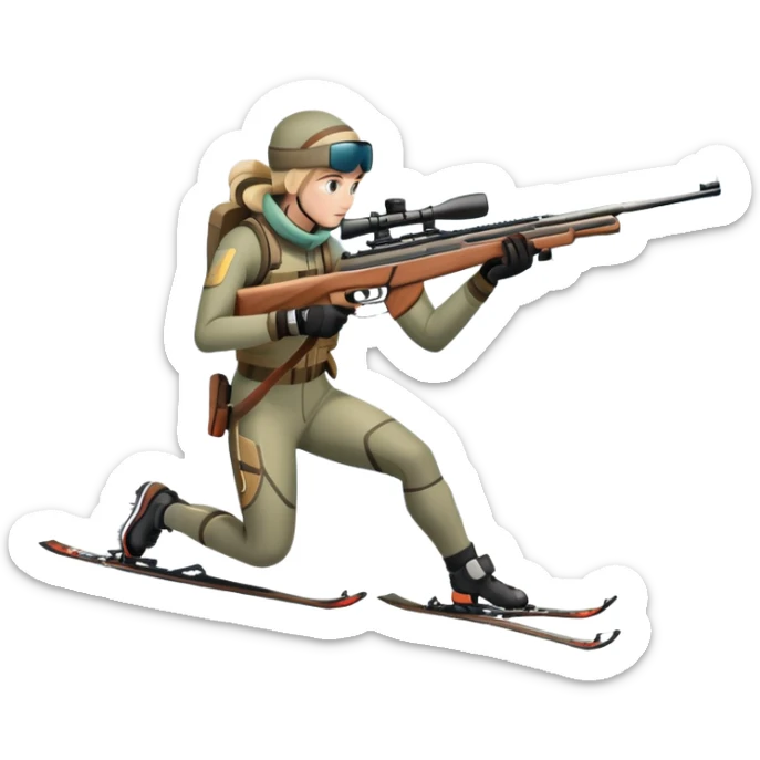 An icon showing a snowy landscape with pine trees, mountains, and a clear sky with a biathlete aiming a rifle in the foreground, wearing winter gear and skis. Transparent background emphasizes the precision, endurance, and beauty of this winter sport. sticker