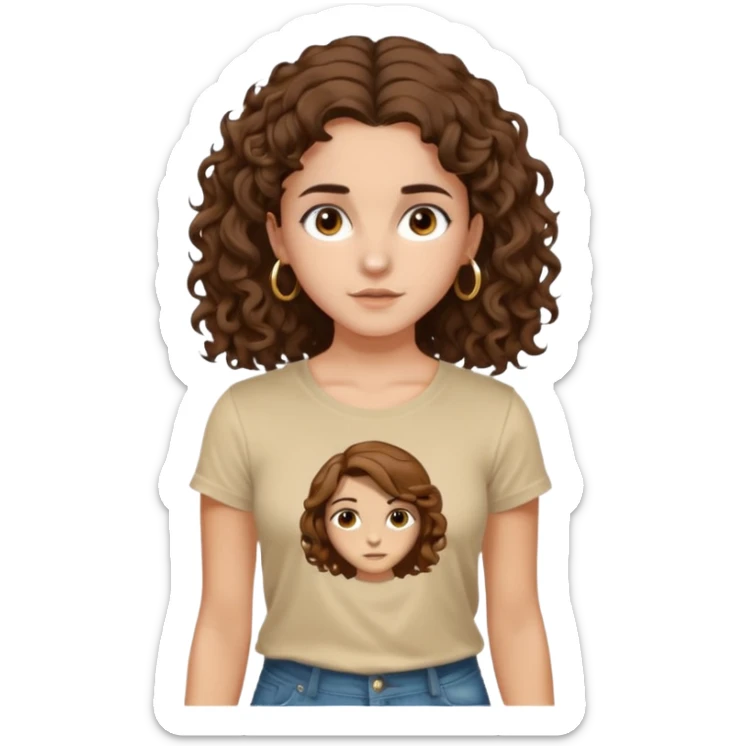 full body, very beautiful italian girl, dark brown eyes, looking like Emma Watson, with curly and big volume very bright brown hair, and a golden piercing ring in nose on left side, pulling up

 sticker