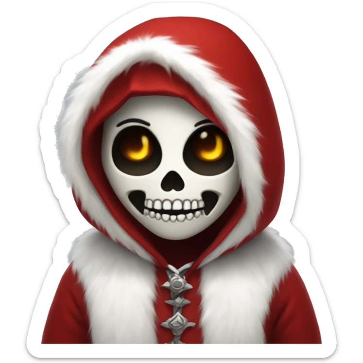 Cute young skull wearing a red velvet hood with white fur trim. sticker