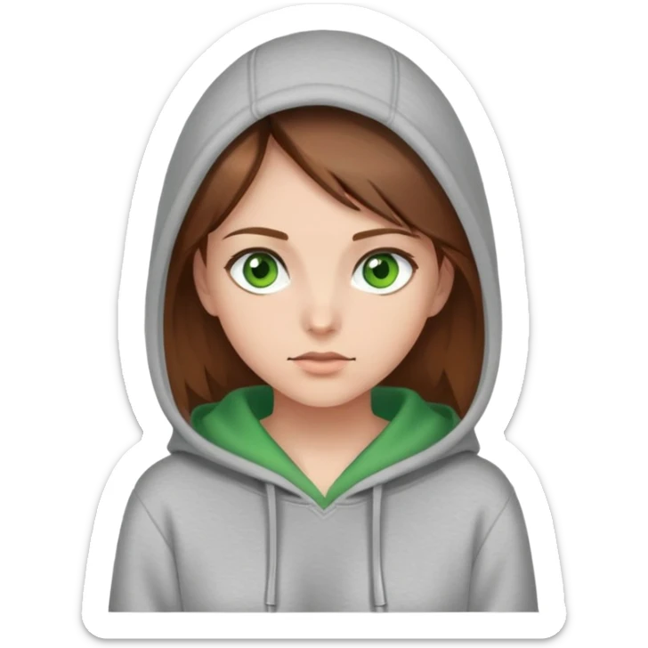 The girl is an artist with brown hair, green eyes and a gray hoodie sticker