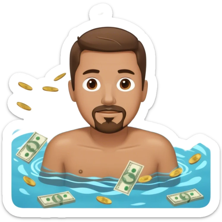 Man with short brown hair and a goatee swimming and a pile of money sticker