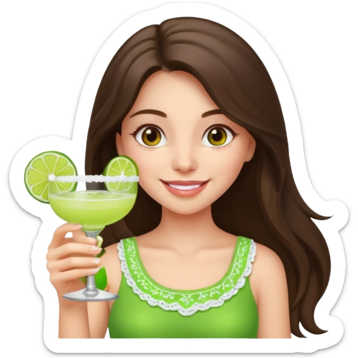 happy long haired brunette girl hazel eyes in light pink holding a margarita   sticker