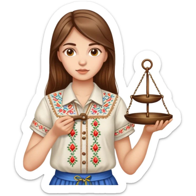 A Ukrainian girl with brown hair in an embroidered shirt holds the scales of truth in her hand sticker