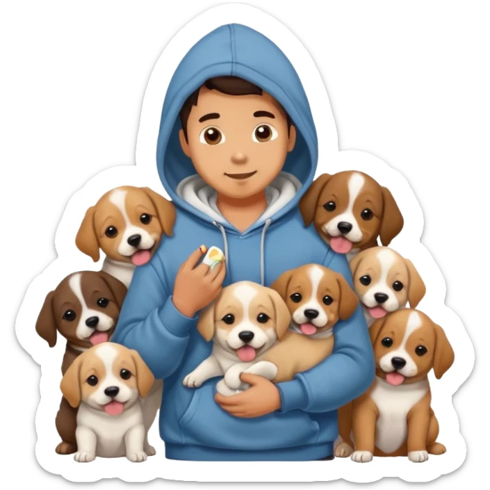 Cute dog lover boyfriend with soft smile, surrounded by puppies, wearing hoodie and jeans, one dog licking his face sticker