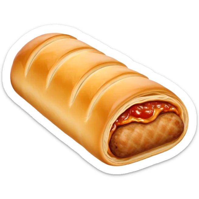 cinematic-realistic-sausage-roll-dish-emoji,-depicted-with-a-crisp,-golden-pastry-wrapped-around-flavorful-sausage,with tomatoe sauce on top sticker