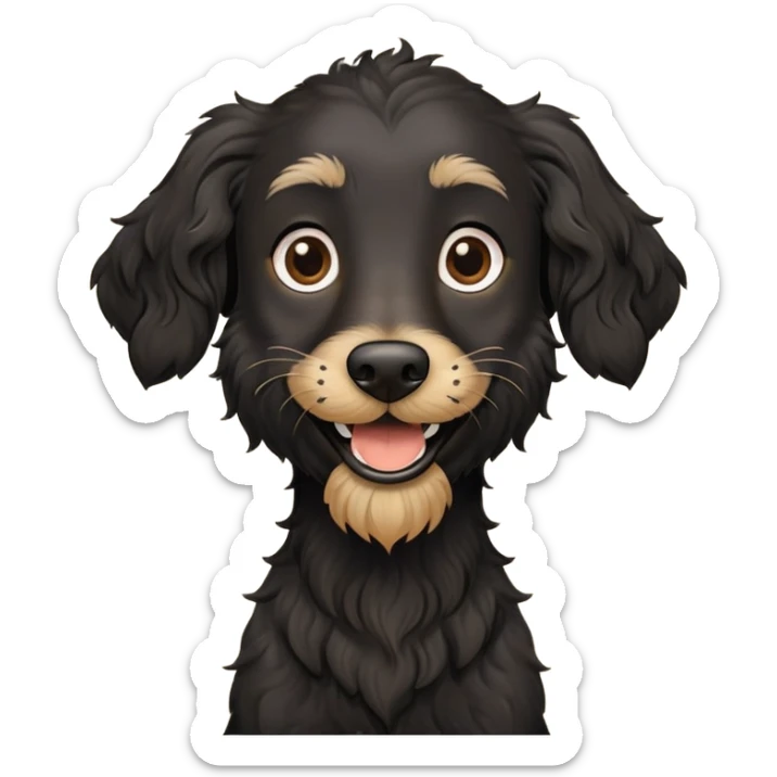 Tall, black, skinny dog with wiry wavy hair, and a beard and eyebrows smiling  sticker