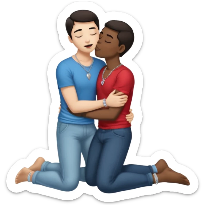 1 White adult male dark hair ,1 dark skin adult male silver necklace, nude,kissing tongue open mouth close eyes,full body view, spooning on floor, touching,in love ,crotch sticker