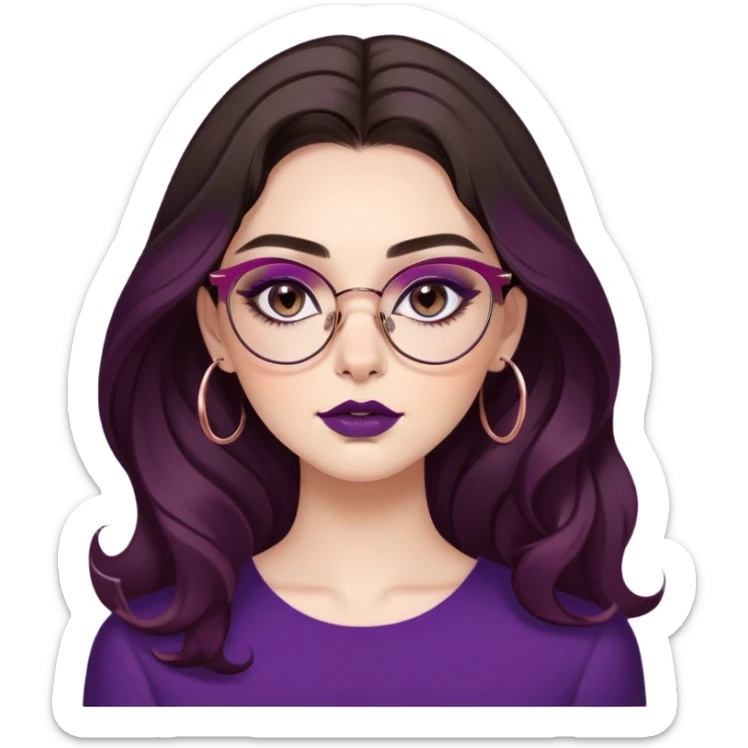 young woman with fair skin, brown almond shaped eyes with smoky eyeliner and long eyelashes, full arched eyebrows, long dark brown wavy hair with purple tips, rose gold cat eye glasses, a downturned nose with a ring in the left nostril and full lips with dark berry lipstick sticker