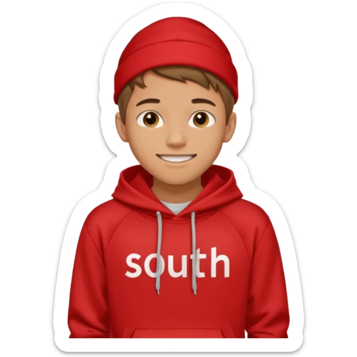 make me an emoji of an americain 19 yearold boy in a red hoodie that says "south" on it and give him with tan skin with his hands in his pockets with the sleevs pulled up grining with a jaw line  sticker