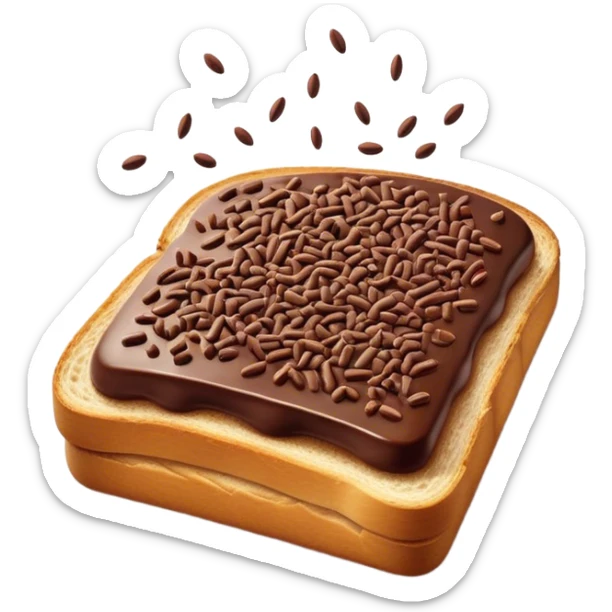 Hagelslag Cinematic Realistic Hagelslag Treat Emoji, depicted as crunchy chocolate sprinkles scattered on a slice of buttered bread, rendered with vivid textures and playful, inviting lighting. sticker