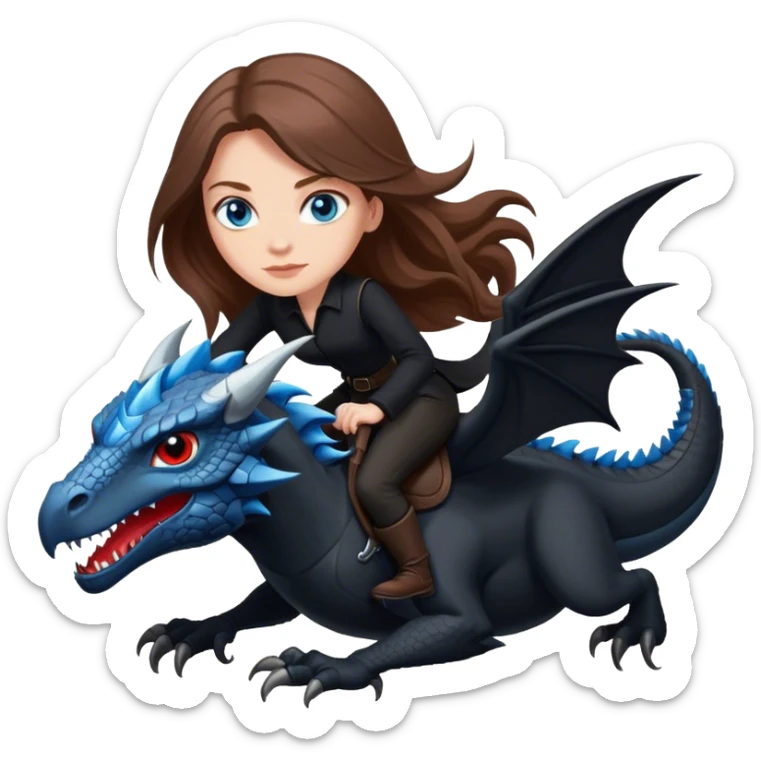 Me, a white female with long brown hair, and blue eyes, wearing nothing but black clothes, and riding a VERY BLACK wyvern/dragon with HINTS of RED, to your work sticker