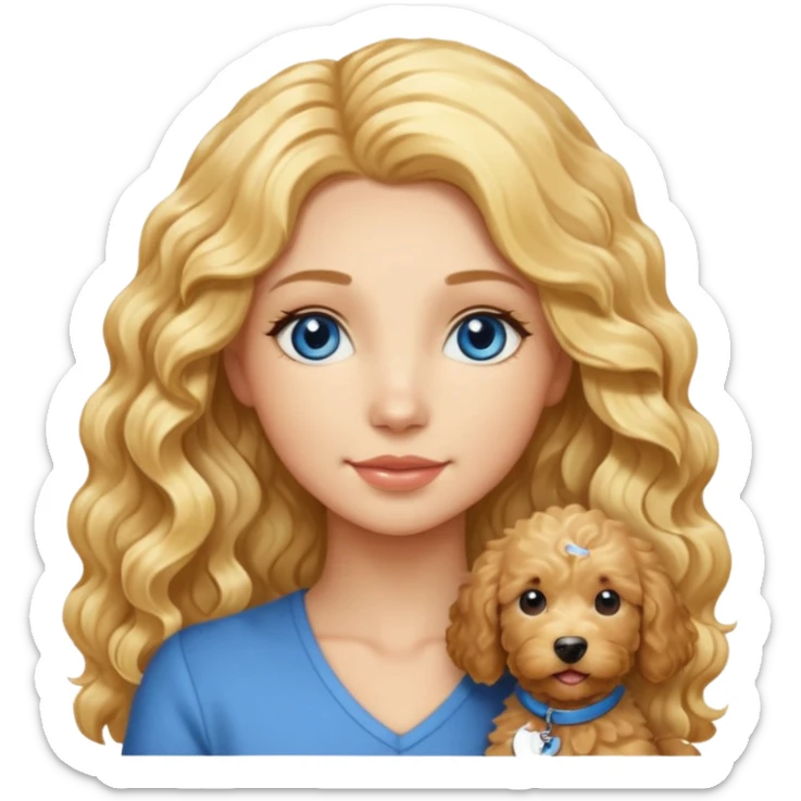 Long blonde hair, blue eyed woman with wavy blond goldendoodle sticker