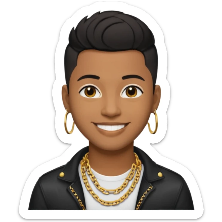 30-year-old brown-skinned music producer, short black undercut hair, gold chain, modern style, smiling sticker